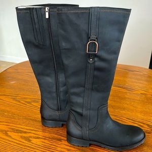 Clarks tall black leather boots never worn original box rubber soles zippered